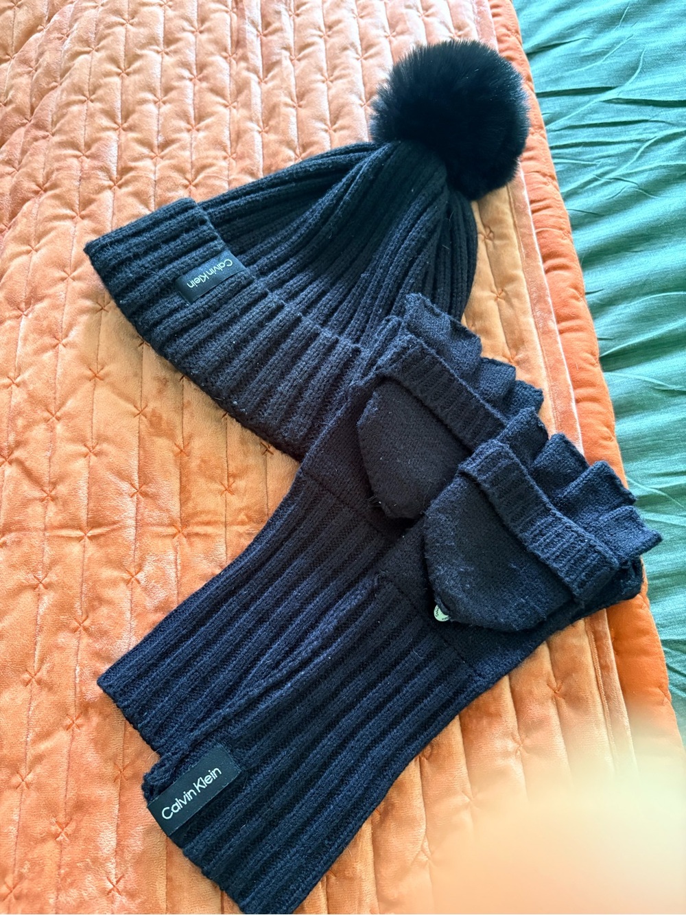 Calvin Klein Black Ribbed Pom Beanie with Convertible Fingerless Gloves